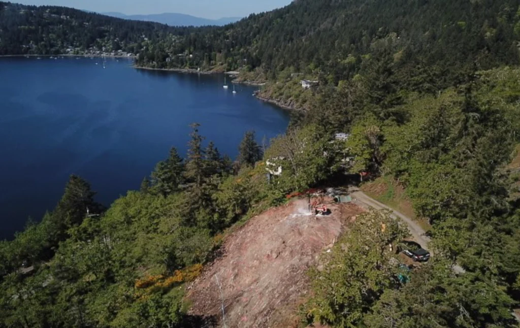 aerial view of waterfront land being developed